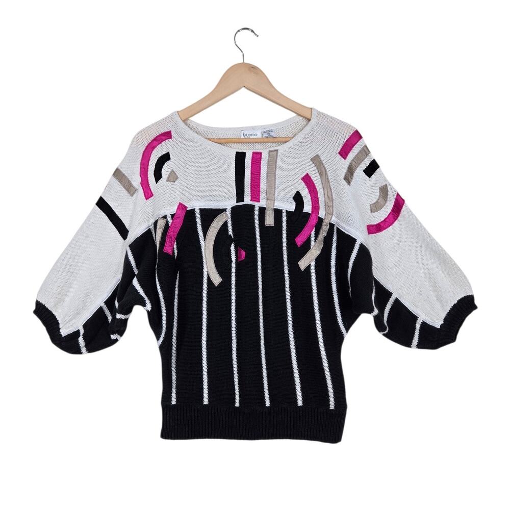 Vintage 80s Bonnie & Bill New York Sweater M Black White Pink Abstract Stripe